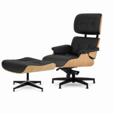 Fotel Biurowy Lucera NEW XL z Podnóżkiem Czarna Skóra Jasny Dąb – Lounge Chair z Chromowaną Podstawą