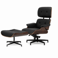 Fotel salonowy Lucera NEW XL z podnóżkiem – czarna skóra naturalna, fornir Ebony, czarna podstawa obrotowa chromowana, stylowy Lounge Chair