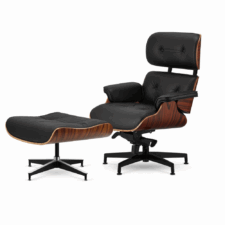 Stylowy fotel salonowy Lucera z podnóżkiem – elegancka czarna skóra, palisander brazylijski, chromowane wykończenie