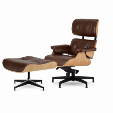 Fotel Lucera NEW Lounge Chair | Brązowa Skóra Naturalna | Fornir Jasny Dąb | Czarna Podstawa z Chromowanymi Grzbietami