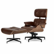 Fotel biurowy Lucera NEW Lounge Chair z podnóżkiem – Brązowa Skóra, Jasny Orzech, Czarna Podstawa z Chromowanymi Grzbietami