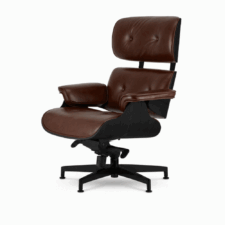 Fotel salonowy Lucera NEW z podnóżkiem | Lounge Chair design | brązowa skóra naturalna | czarny dąb fornir | czarna podstawa z chromowanymi grzbietami | stylowy fotel wypoczynkowy