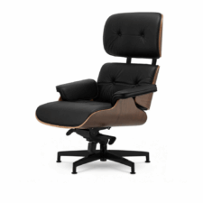 Nowoczesny fotel salonowy Lucera NEW XL – czarna skóra naturalna, fornir ciemny orzech, czarna podstawa z chromowanymi elementami