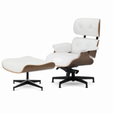 Fotel biurowy Lucera Deluxe – komfortowy zestaw z podnóżkiem, biała skóra naturalna, jasny orzech