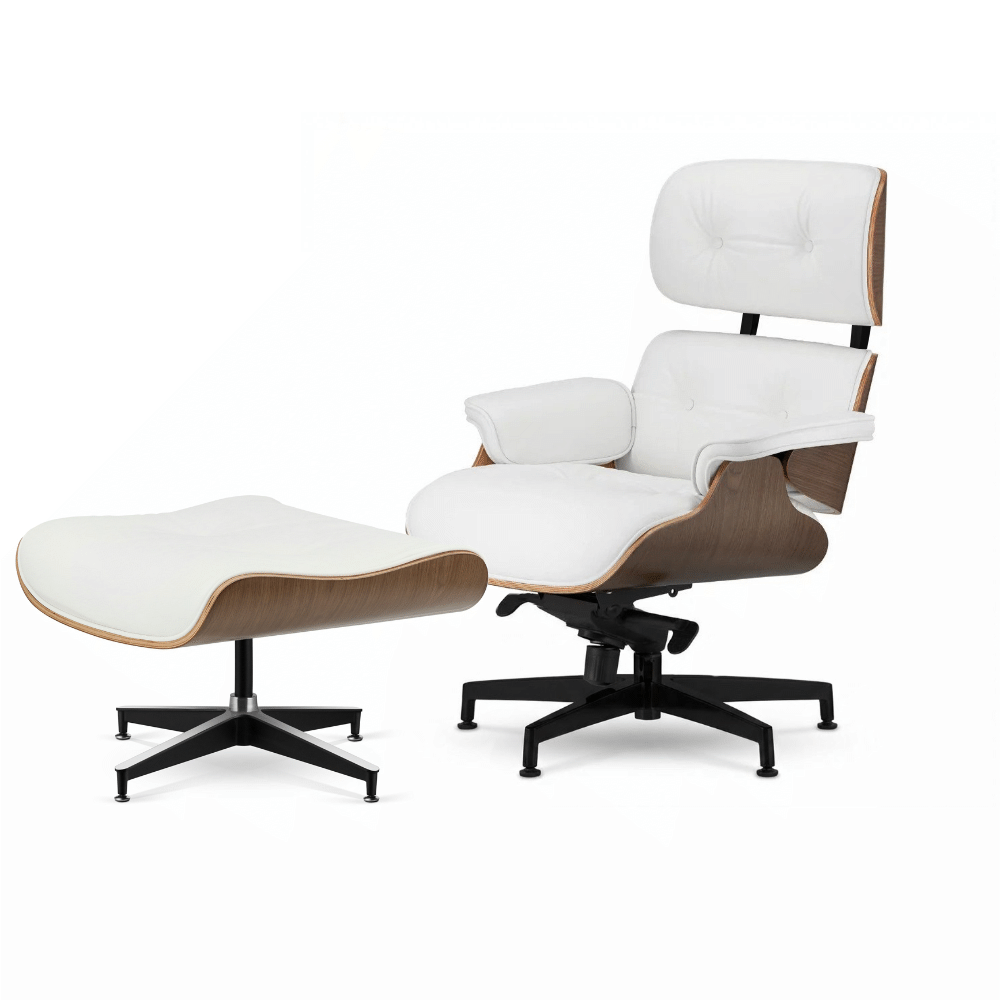 Fotel biurowy Lucera Deluxe – komfortowy zestaw z podnóżkiem, biała skóra naturalna, jasny orzech - obrazek 2