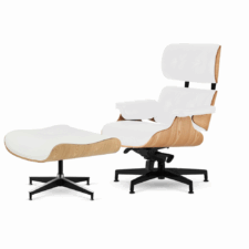 Fotel salonowy Lucera NEW z podnóżkiem | Biała Skóra Naturalna | Fornir Jasny Dąb | Czarna Podstawa Chromowana | Stylowy Lounge Chair