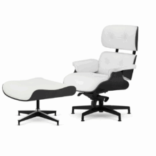 Fotel salonowy Lucera NEW z podnóżkiem | Biała Skóra Naturalna | Fornir Czarny Dąb | Czarna Podstawa z Chromowanymi Grzbietami | Stylowy Lounge Chair