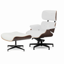 Lucera NEW Fotel salonowy premium z podnóżkiem – biała skóra ekologiczna, fornir Ebony, czarna podstawa obrotowa z chromowanymi grzbietami