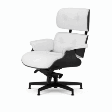 Fotel Lucera NEW z podnóżkiem – Biała Skóra, Czarny dąb, Czarna obrotowa podstawa z chromowanymi grzbietami