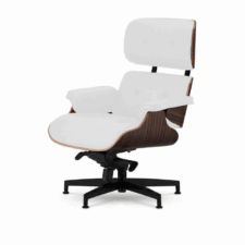 Stylowy fotel Lucera NEW – biała skóra naturalna | fornir Ebony | czarna podstawa z chromowanymi grzbietami