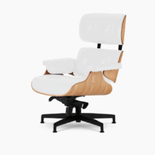 Fotel Lucera NEW z podnóżkiem Biała Skóra Jasny dąb Czarna podstawa chromowana – stylowy fotel lounge