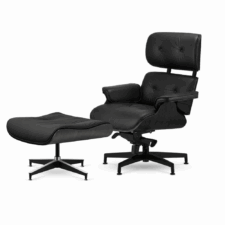 Fotel Lucera NEW z podnóżkiem Czarna Skóra, fornir Czarny dąb, Czarna obrotowa podstawa z chromowanymi grzbietami