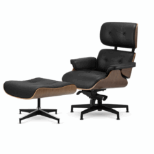 Fotel salonowy Lucera — stylowy lounge chair z podnóżkiem | czarna skóra, jasny orzech, chromowane grzbiety