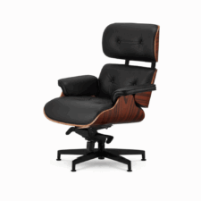 Stylowy fotel salonowy Lucera NEW | czarna skóra naturalna, palisander z chromowanymi grzbietami