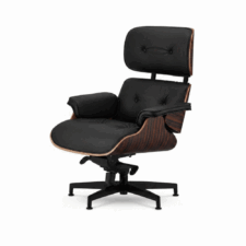 Stylowy fotel salonowy Lucera NEW — czarna skóra naturalna | fornir Ebony | czarna podstawa z chromowanymi grzbietami