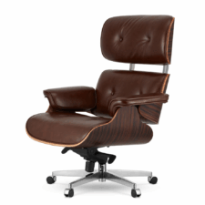 Stylowy fotel biurowy Lucera XL NEW, brązowa skóra naturalna, fornir Ebony, podstawa obrotowa na kółkach Eames Lounge