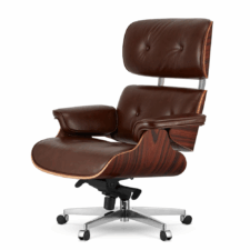 Fotel biurowy Lucera NEW, brązowa skóra naturalna, fornir Brazylijski Palisander, obrotowa podstawa na kółkach, stylowy Lounge Chair