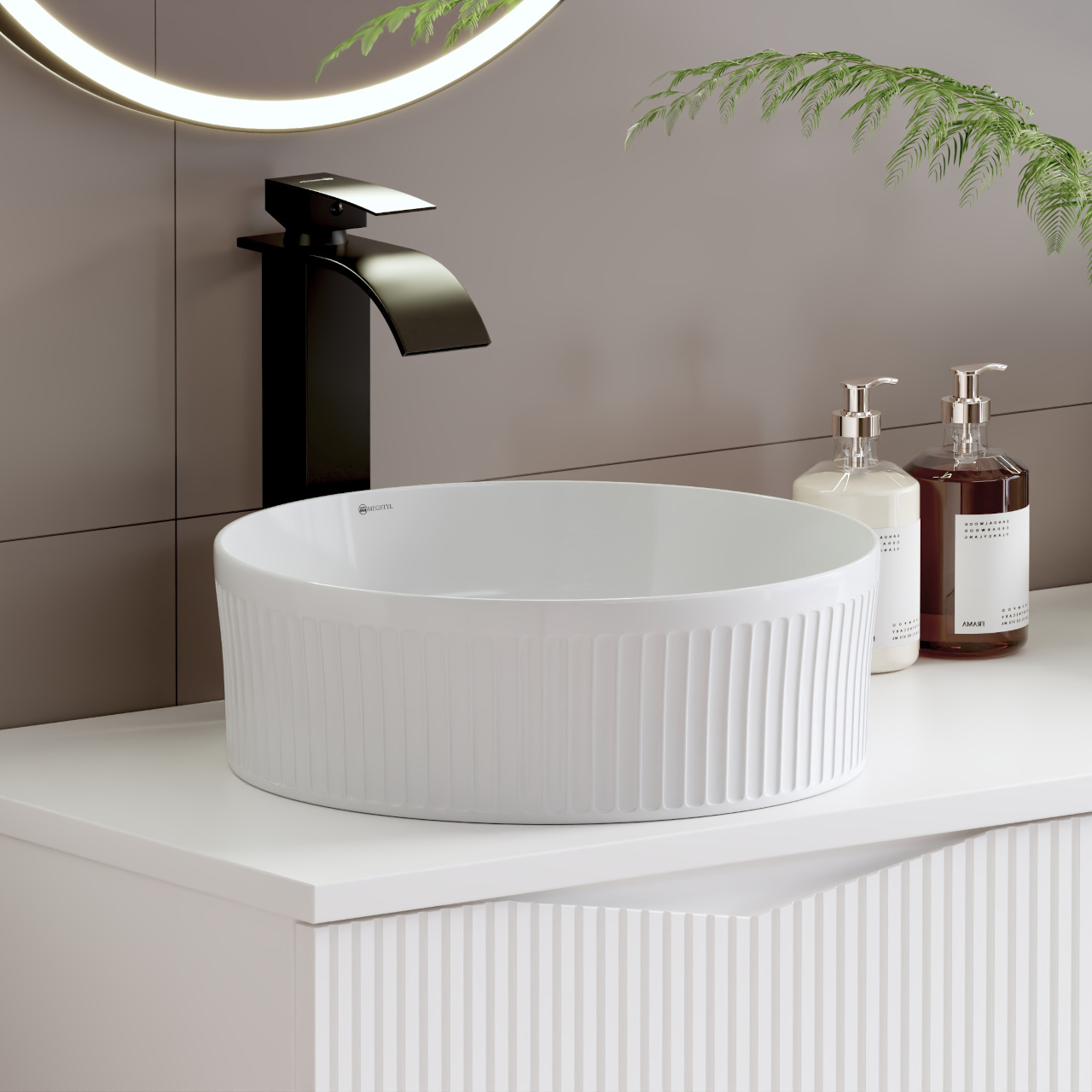 Umywalka nablatowa ryflowana VIRA 37cm biała do łazienki - obrazek 5