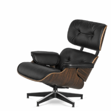 Fotel wypoczynkowy Lucera Classic inspirowany Lounge Chair, czarna skóra ekologiczna, fornir Ebony, obrotowa podstawa chromowana