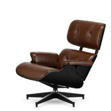 Fotel wypoczynkowy Lucera Classic inspirowany Lounge Chair, brązowa skóra ekologiczna, czarny dąb, obrotowa chromowana podstawa