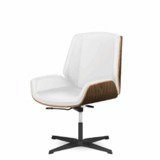 Fotel Timo Low kompaktowy i nowoczesny design do biura, biała skóra ekologiczna, fornir jasny palisander, czarna stała podstawa