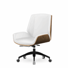 Luksusowy fotel do biura Timo Low biała skóra naturalna, jasny palisander, czarna mobilna podstawa jezdna - elegancki i ergonomiczny