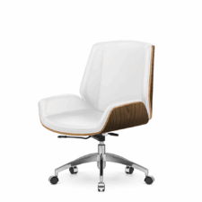 Nowoczesny fotel mobilny do biura Timo Low, biała skóra ekologiczna, fornir jasny palisander, chromowana jezdna podstawa