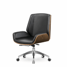 Elegancki fotel do pracy Timo Low - czarna skóra ekologiczna, fornir jasny palisander, chromowana podstawa jezdna