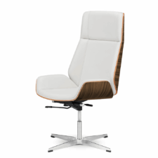 Fotel biurowy Timo High stylowy fotel gabinetowy biała skóra ekologiczna, fornir jasny palisander, chromowana stała podstawa - nowoczesne wnętrze