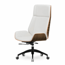 Fotel do biura Timo High biała skóra ekologiczna, fornir jasny palisander czarna podstawa jezdna na kółkach, elegancki design