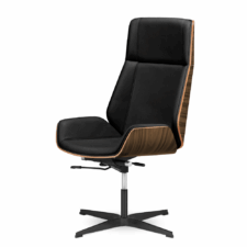 Fotel gabinetowy premium Timo High – czarna skóra ekologiczna, fornir jasny palisander, czarna stała podstawa - stylowy fotel do biura i domu