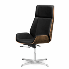 Fotel biurowy Timo High design – czarna skóra ekologiczna, fornir jasny palisander, chromowana stała podstawa, styl skandynawski premium