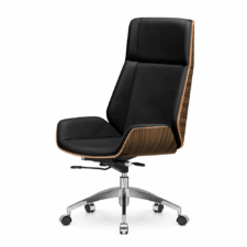 Stylowy Timo High fotel gabinetowy – czarna skóra naturalna, Jasny Palisander, chromowana podstawa na kółkach, luksusowy styl