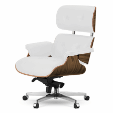 Stylowy fotel biurowy Lucera XL NEW premium, biała skóra naturalna, fornir Jasny Palisander, podstawa obrotowa na kółkach lounge