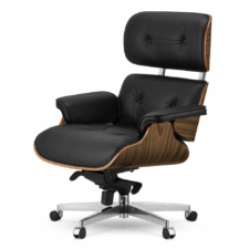 Fotel Biurowy Lucera XL NEW, czarna skóra naturalna, Jasny Palisander, obrotowa podstawa na kółkach, luksusowy Lounge Chair