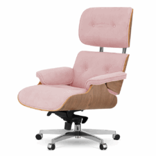 Fotel obrotowy Lucera NEW pudrowy róż velvet, jasny orzech, obrotowa podstawa na kółkach – elegancki fotel biurowy