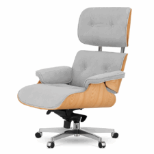 Stylowy Fotel biurowy Lucera NEW XL Eames Lounge – jasnoszary velvet, fornir jasny dąb, obrotowa podstawa na kółkach