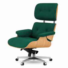 Stylowy Fotel biurowy Lucera NEW XL Eames Lounge – velvet butelkowy, fornir jasny dąb, obrotowa podstawa na kółkach