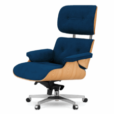 Stylowy Fotel biurowy Lucera NEW XL Eames Lounge – velvet ciemnogranatowy, fornir jasny dąb, obrotowa podstawa na kółkach