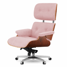 Fotel salonowy Lucera NEW Velvet w stylu lounge – velvet pudrowy róż SWAN-40, fornir brazylijski palisander, obrotowa podstawa z kółkami