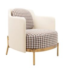 Fotel VENICE tkanina pepitka biało-brązowa - złota podstawa, beżowa ekoskóra