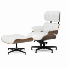 Fotel biurowy Lucera Deluxe – komfortowy zestaw z podnóżkiem, biała skóra naturalna, jasny orzech