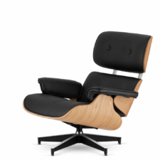 Fotel wypoczynkowy Lucera Classic inspirowany Lounge Chair, czarna skóra ekologiczna, fornir jasny dąb, obrotowa podstawa chromowana