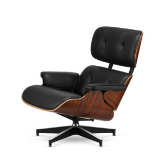 Fotel Lucera XL Classic, Czarna Skóra naturalna, fornir Brazylijski palisander, Czarna podstawa z chromowanymi grzbietami, obrotowy lounge chair