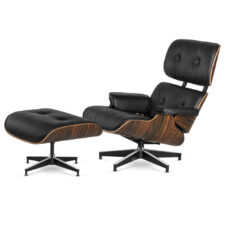 Fotel wypoczynkowy Lucera XL Classic z podnóżkiem w stylu Lounge Chair - Czarna skóra ekologiczna, fornir Ebony, czarna podstawa z chromowanymi grzbietami