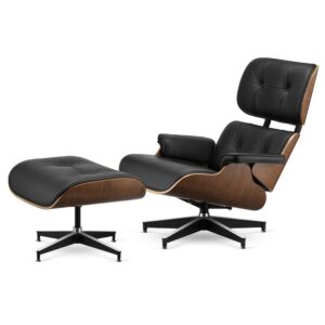 Fotel wypoczynkowy Lucera XL Classic z podnóżkiem w stylu Lounge Chair - Czarna skóra ekologiczna, fornir Ciemny orzech, czarna podstawa z chromowanymi grzbietami