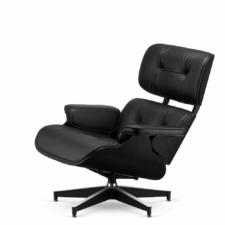 Stylowy fotel salonowy Lucera Classic Lounge Chair, czarna skóra ekologiczna, czarny dąb, podstawa obrotowa z chromowanymi brzegami