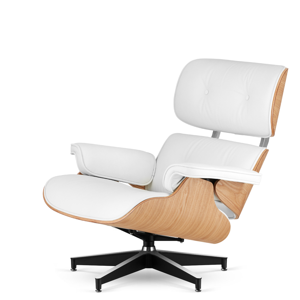 Fotel wypoczynkowy Lucera Classic inspirowany Lounge Chair, biała skóra ekologiczna, fornir jasny dąb, czarna podstawa chromowana
