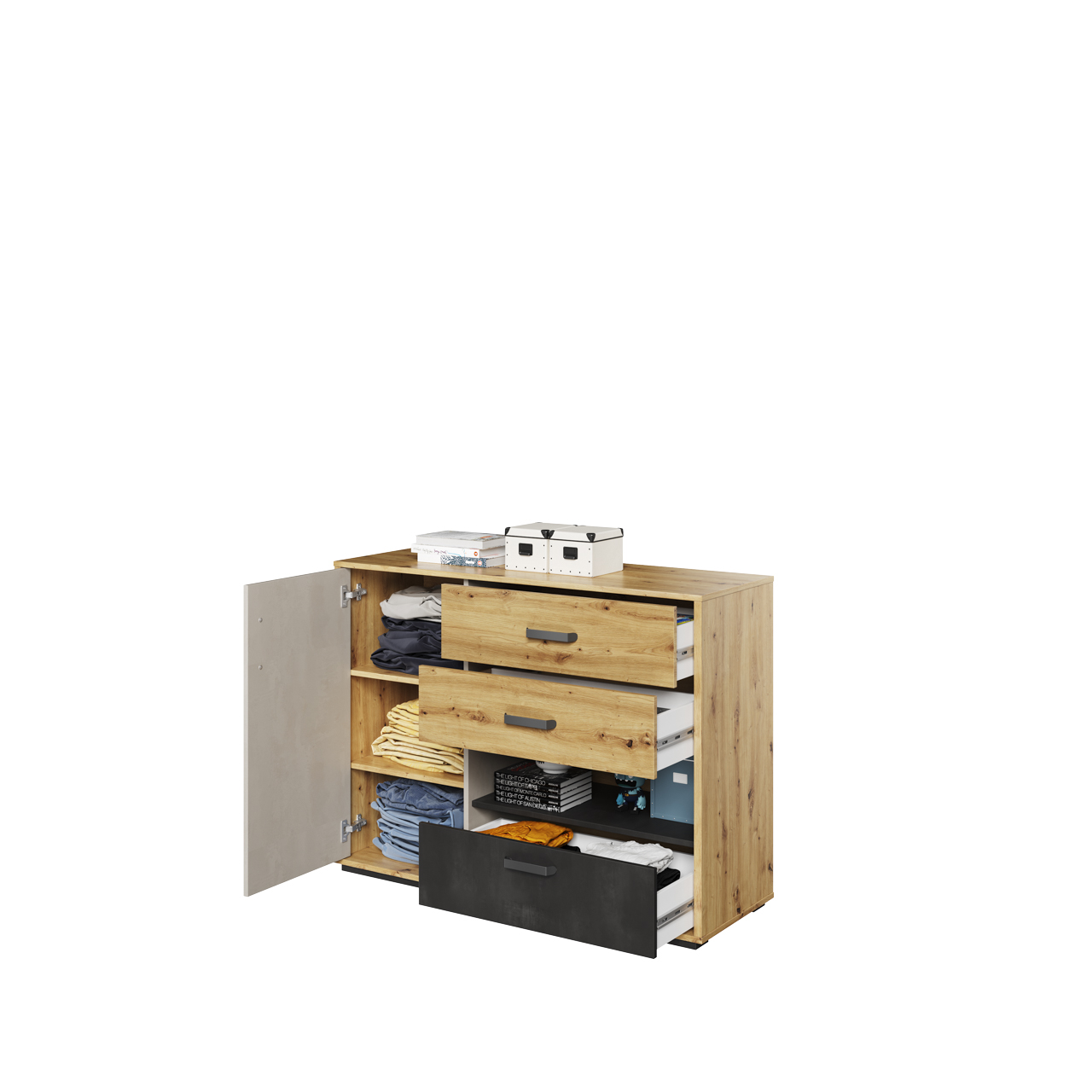 Komoda 1D3S dąb artisan/raw steel/silk flou QUBIC QB07 - obrazek 4