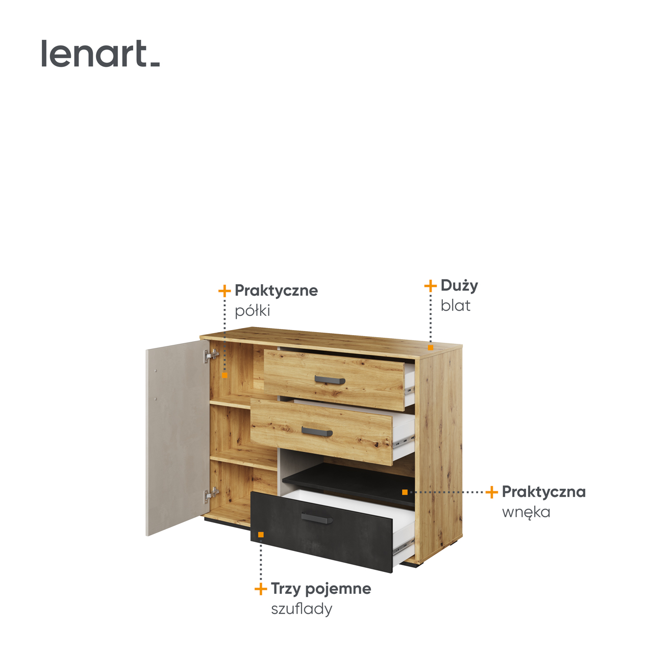 Komoda 1D3S dąb artisan/raw steel/silk flou QUBIC QB07 - obrazek 5